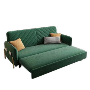 Green Quilted Sofa Bed with Wooden Legs and Storage