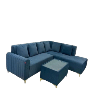 Modern Blue Velvet Sectional Sofa with Ottoman