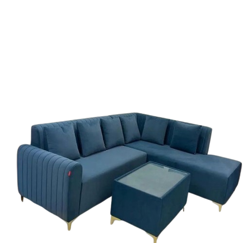 Modern Blue Velvet Sectional Sofa with Ottoman