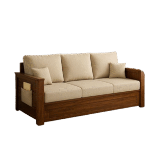 Contemporary Wooden Sofa with Beige Cushions