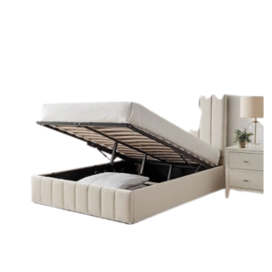 Hydraulic Lift-Up Storage Bed with Beige Upholstery
