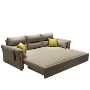 Beige Sofa Bed with Wooden Armrests and Storage