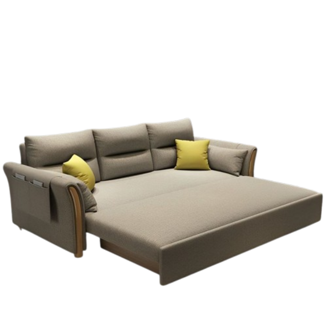 Beige Sofa Bed with Wooden Armrests and Storage